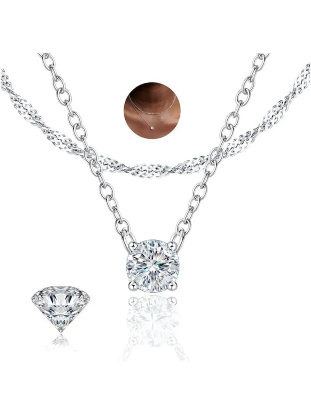 Stunning Moissanite Layered Necklaces, 925 Sterling Silver, 1-2CT Sparkle